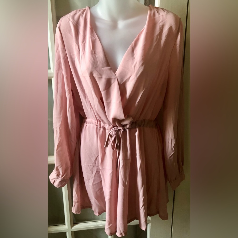 Women’s pink criss cross deep v romper shorts cinched with belt sheer in medium